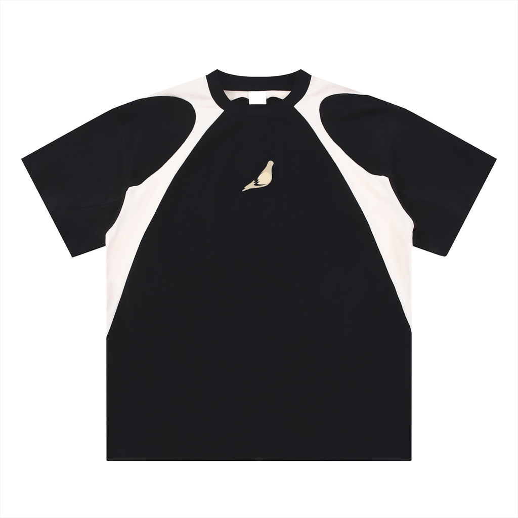 Street-Contrast Panel Cotton T-Shirt