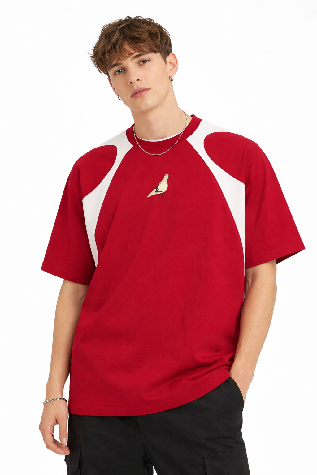 Street-Contrast Panel Cotton T-Shirt