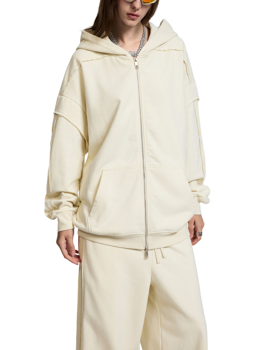 Contrast Tape Raw Edge Double Layered Zip Hoodie