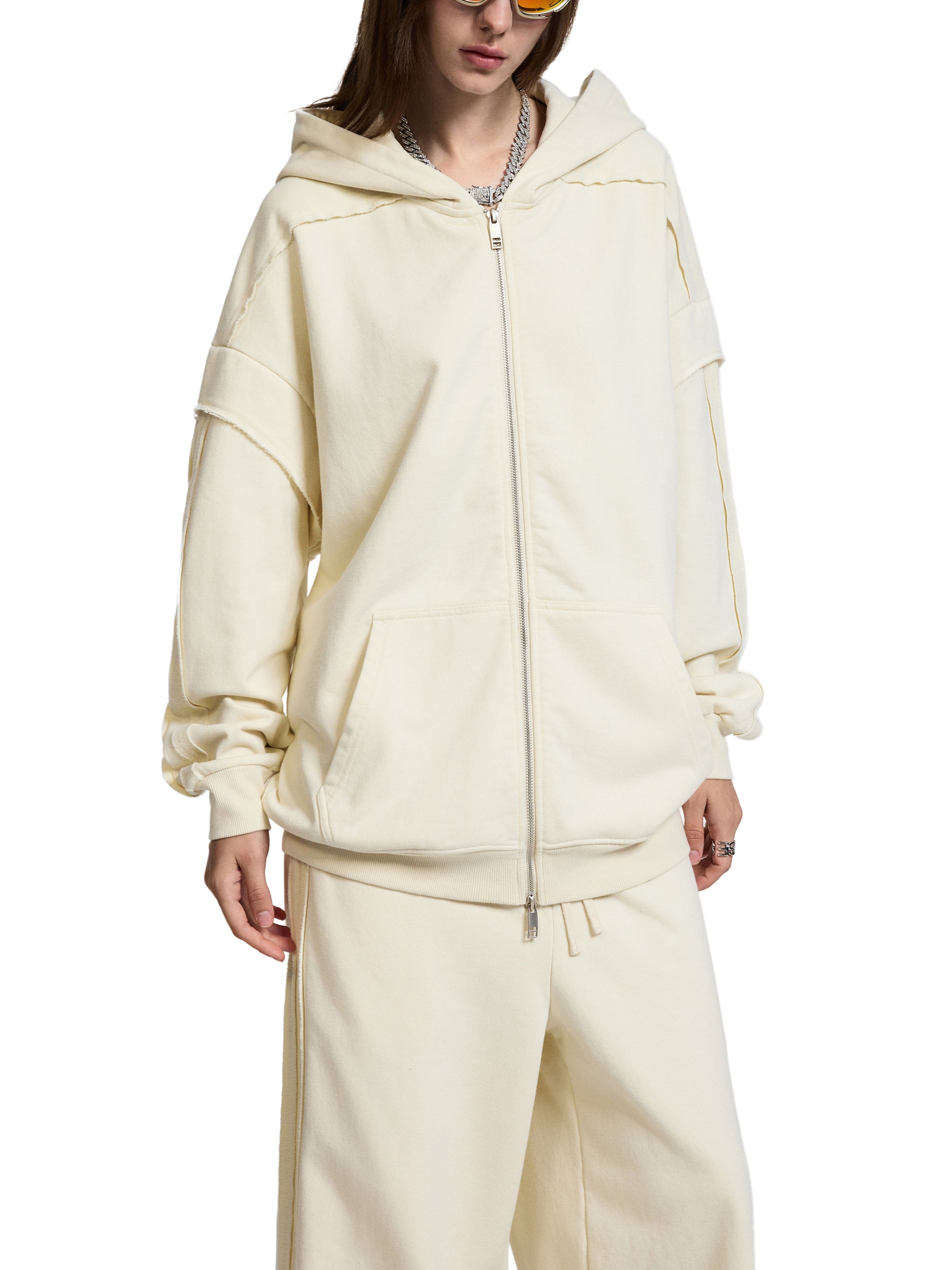 Contrast Tape Raw Edge Double Layered Zip Hoodie